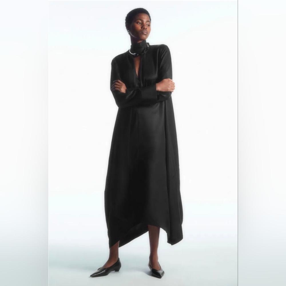 COS Scarf Detail Avant Garde High Fashion Architectural Black Maxi Dress, Size 6